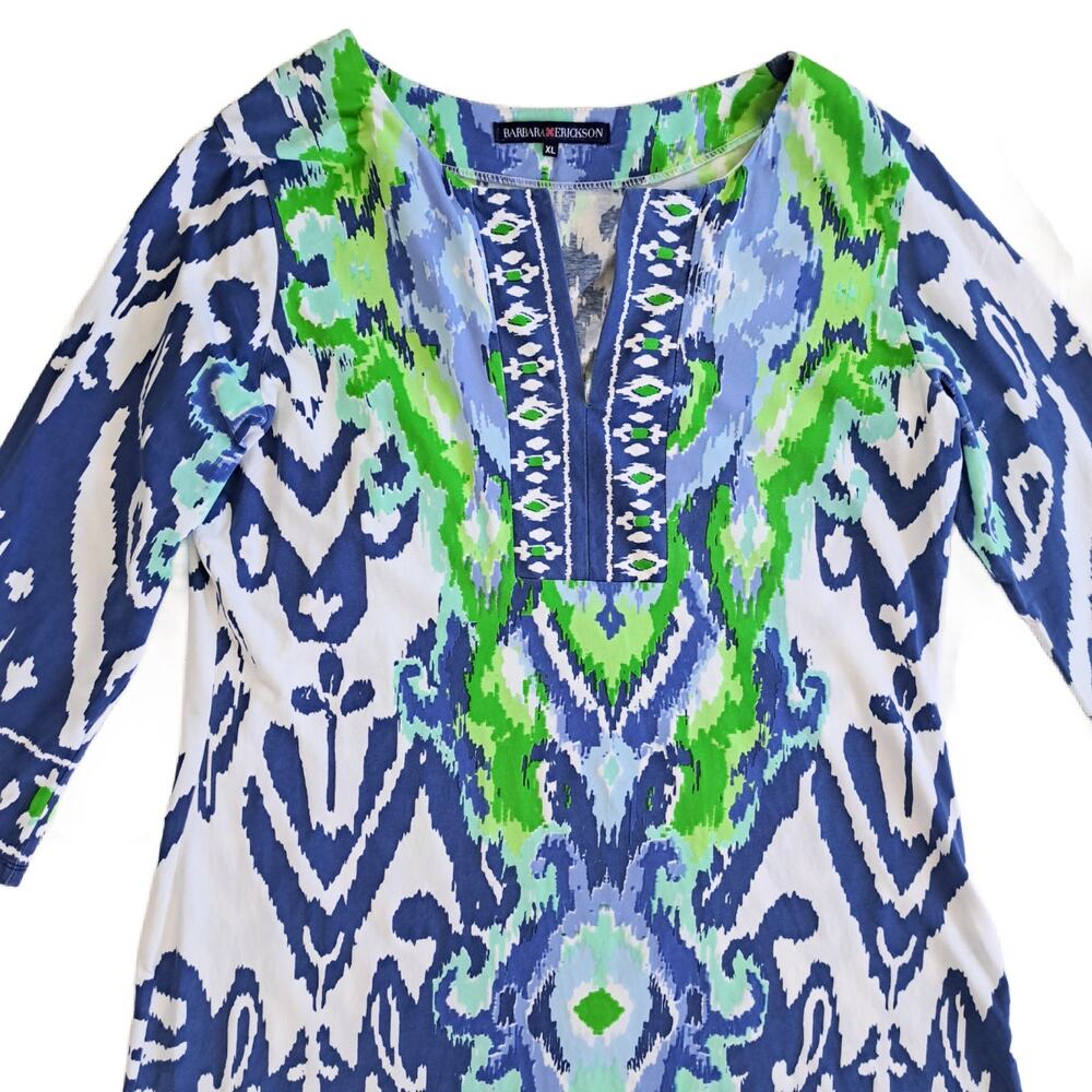 BARBARA ERICKSON 3/4 Sleeve Tunic Dress Size XL Capri Blue Ikat Coastal Resort - Picture 4 of 8
